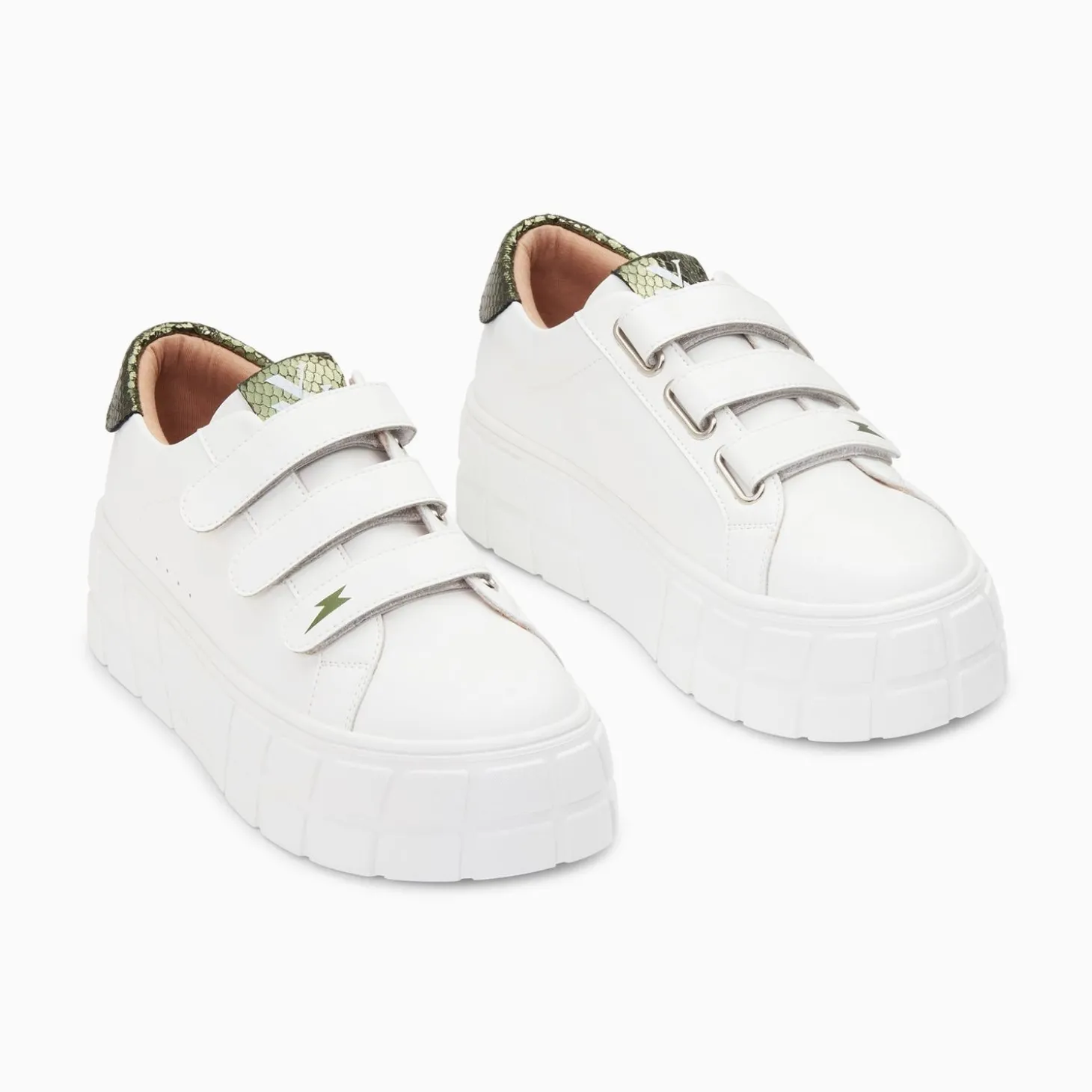 Baskets Angela Blanc Et Kaki Serpent A Plateforme