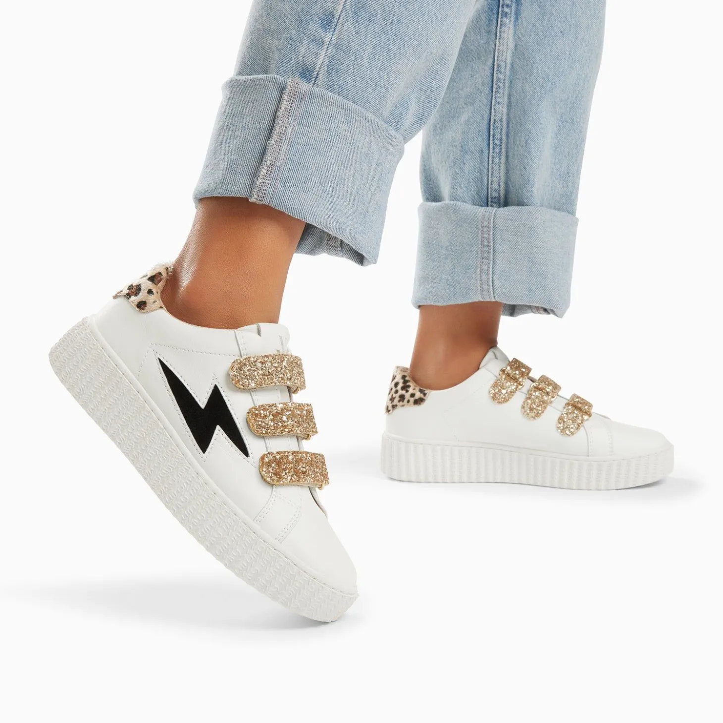 Baskets Eclair Angela Blanc Et Zebre A Scratchs Or