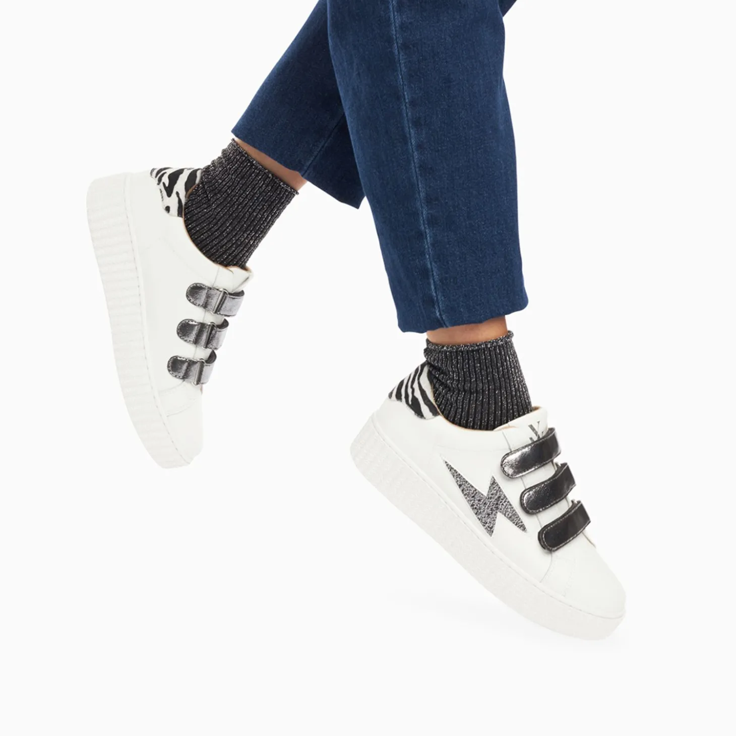Baskets Eclair Darine Blanc Et Zebre A Scratchs Anthracite