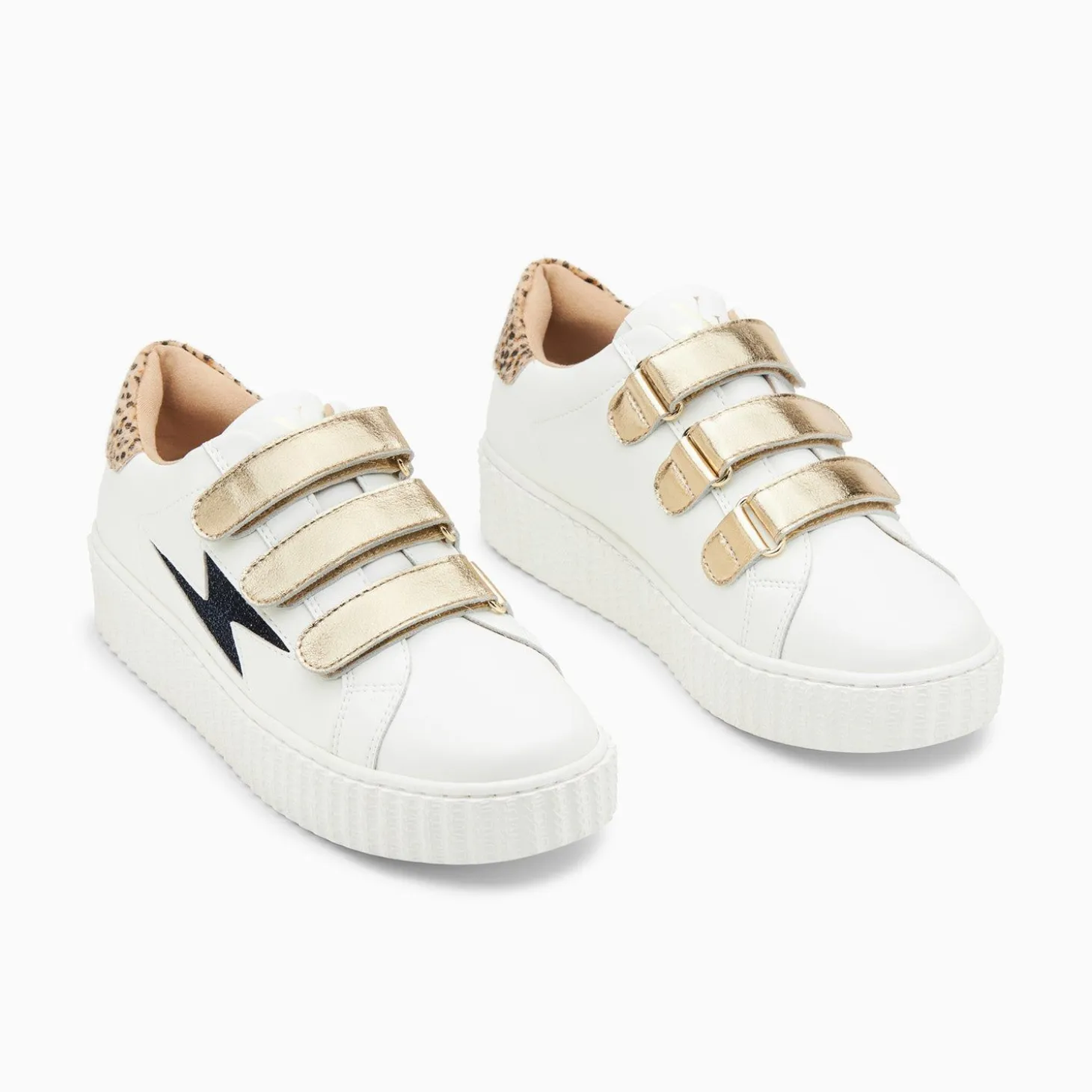 Baskets Eclair Darine Blanc Et Guepard A Scratchs Or