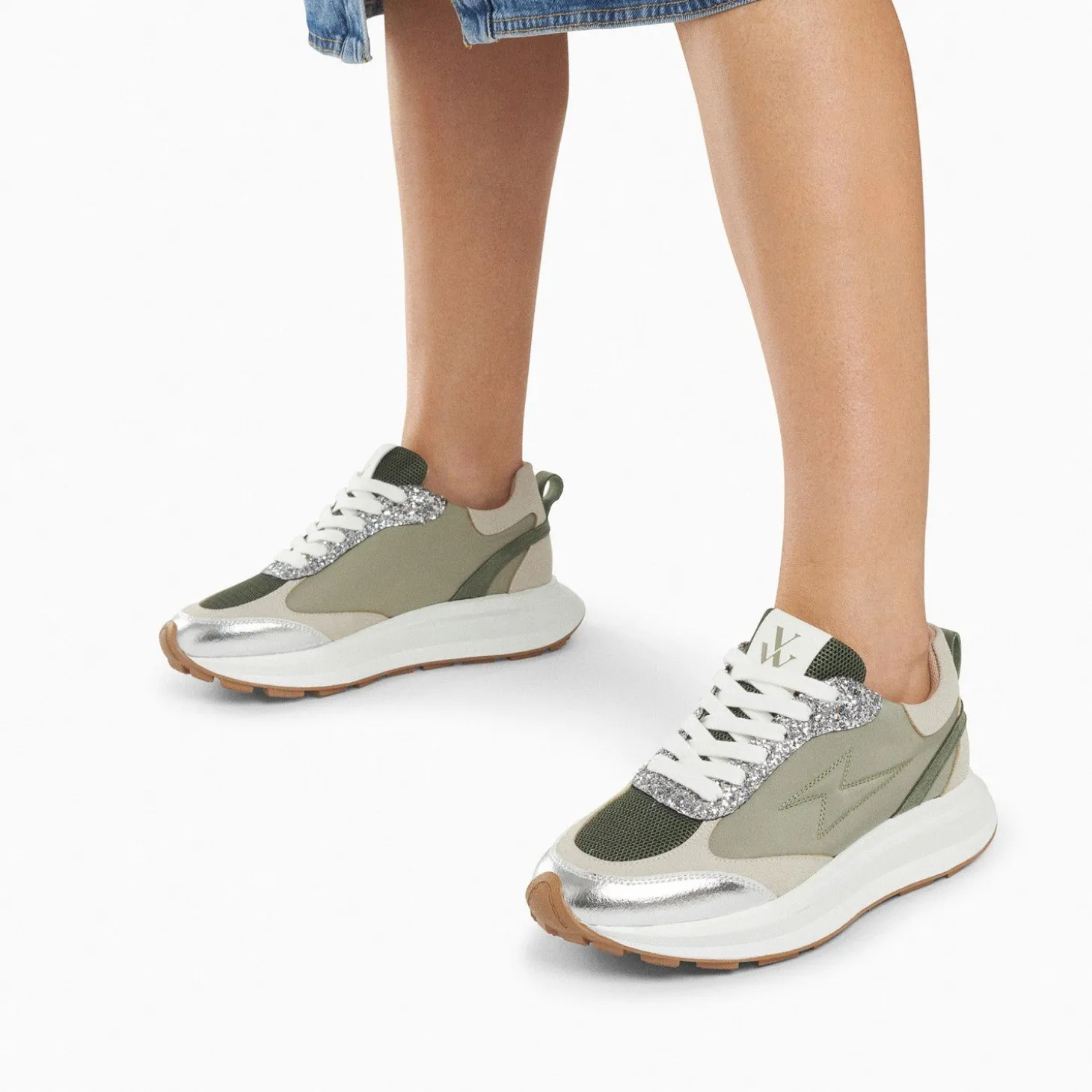 Baskets Eclair Esther Kaki Et Argent A Semelle Oversize
