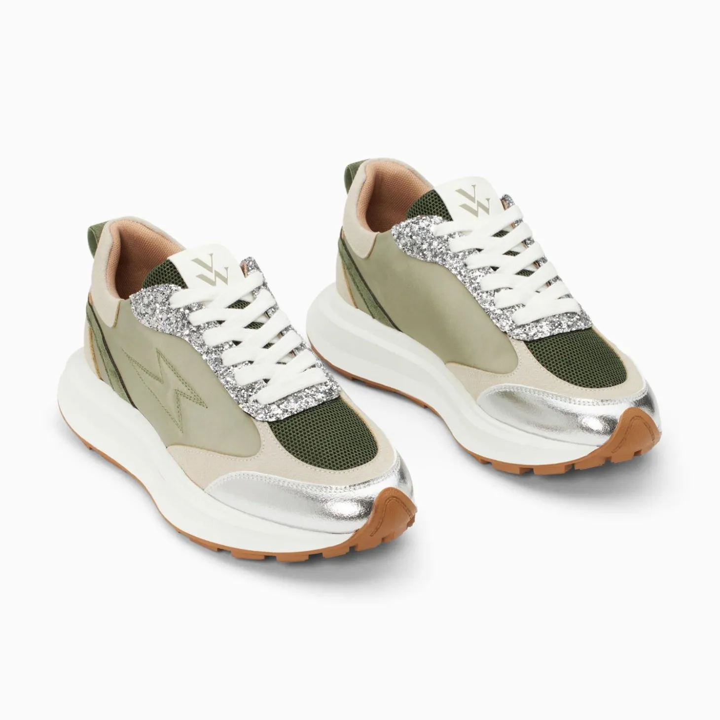 Baskets Eclair Esther Kaki Et Argent A Semelle Oversize