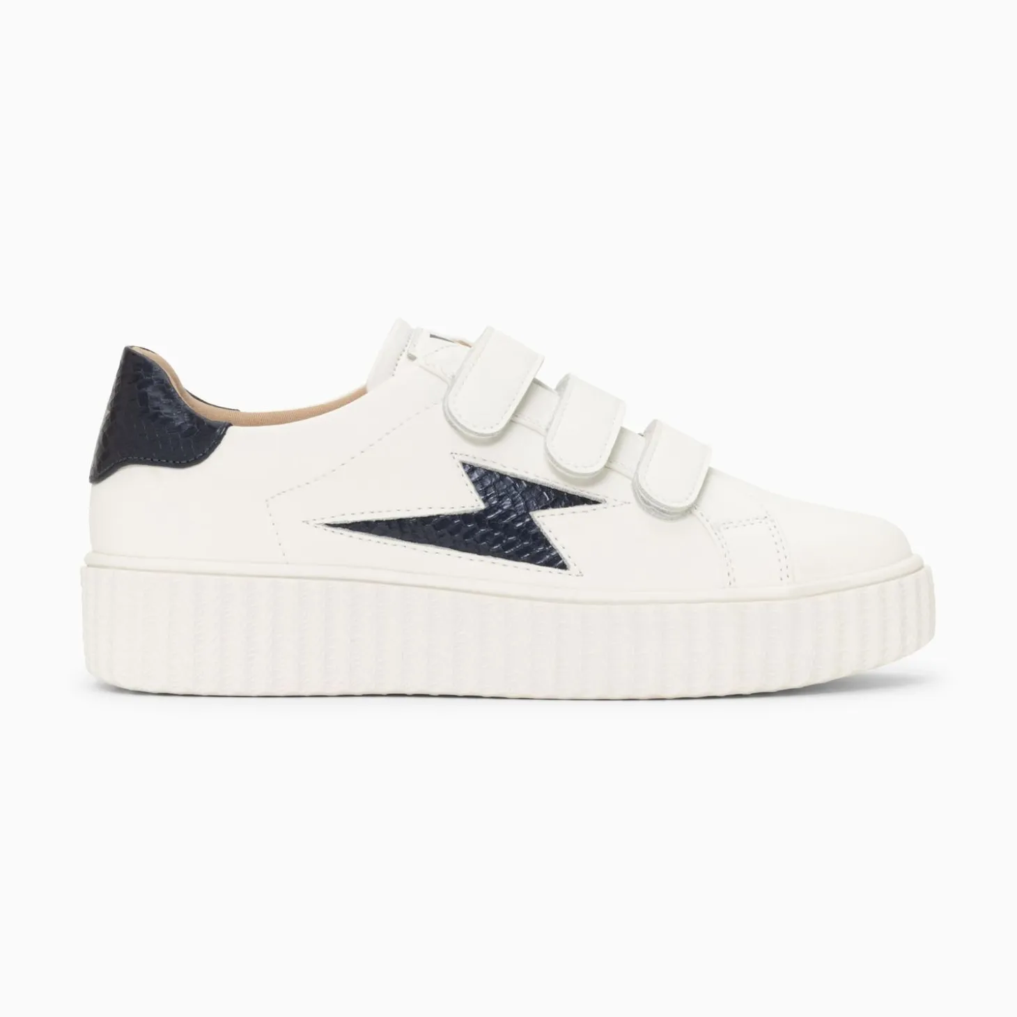 Baskets Eclair Eva Blanc Et Bleu Marine Serpent A Scratchs