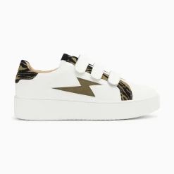 Baskets Eclair Ingrid Blanc Et Kaki Imprime Zebre A Scratchs