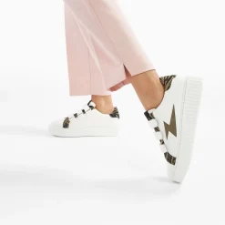 Baskets Eclair Ingrid Blanc Et Kaki Imprime Zebre A Scratchs