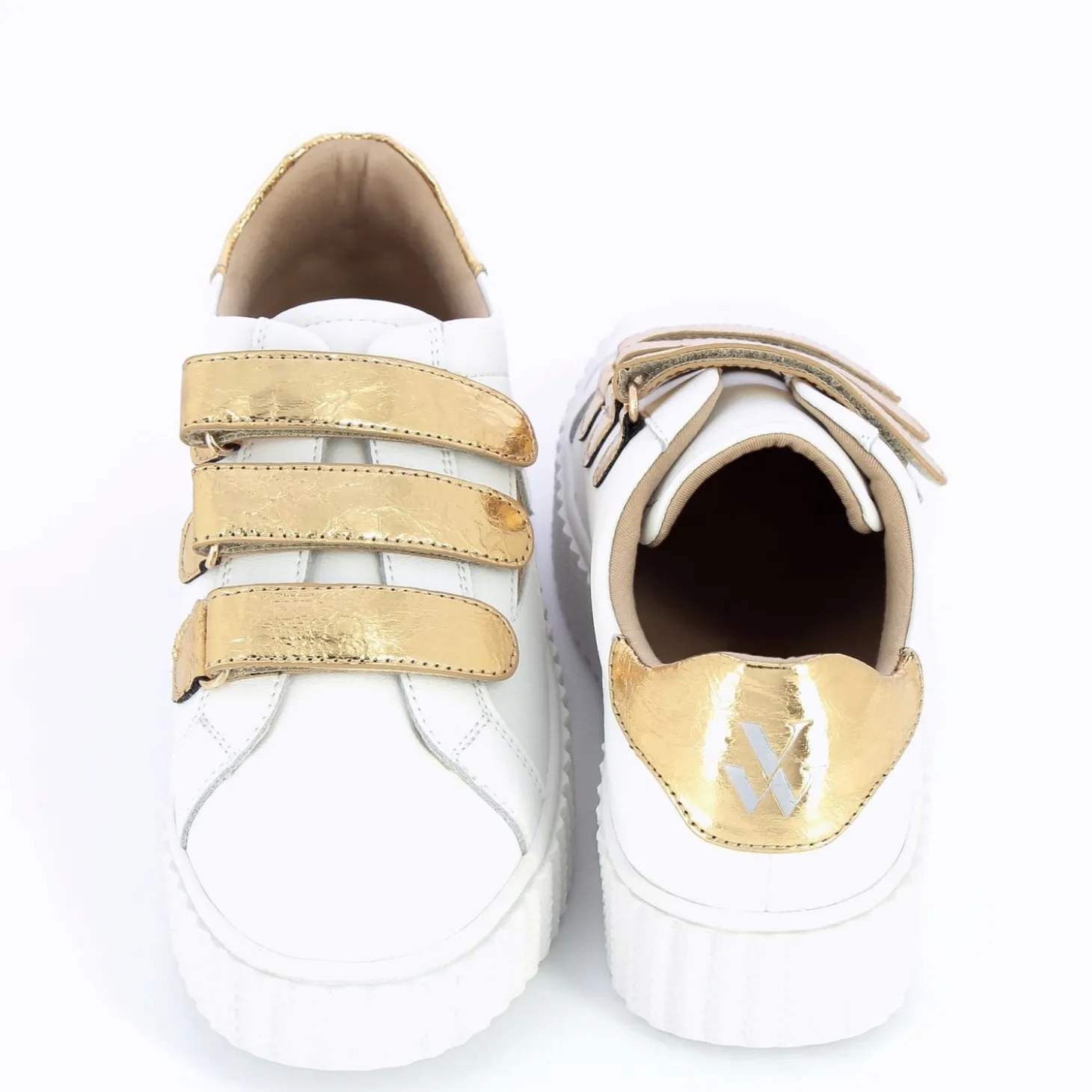 Baskets Eclair Jane Blanches En Cuir A Scratchs Or