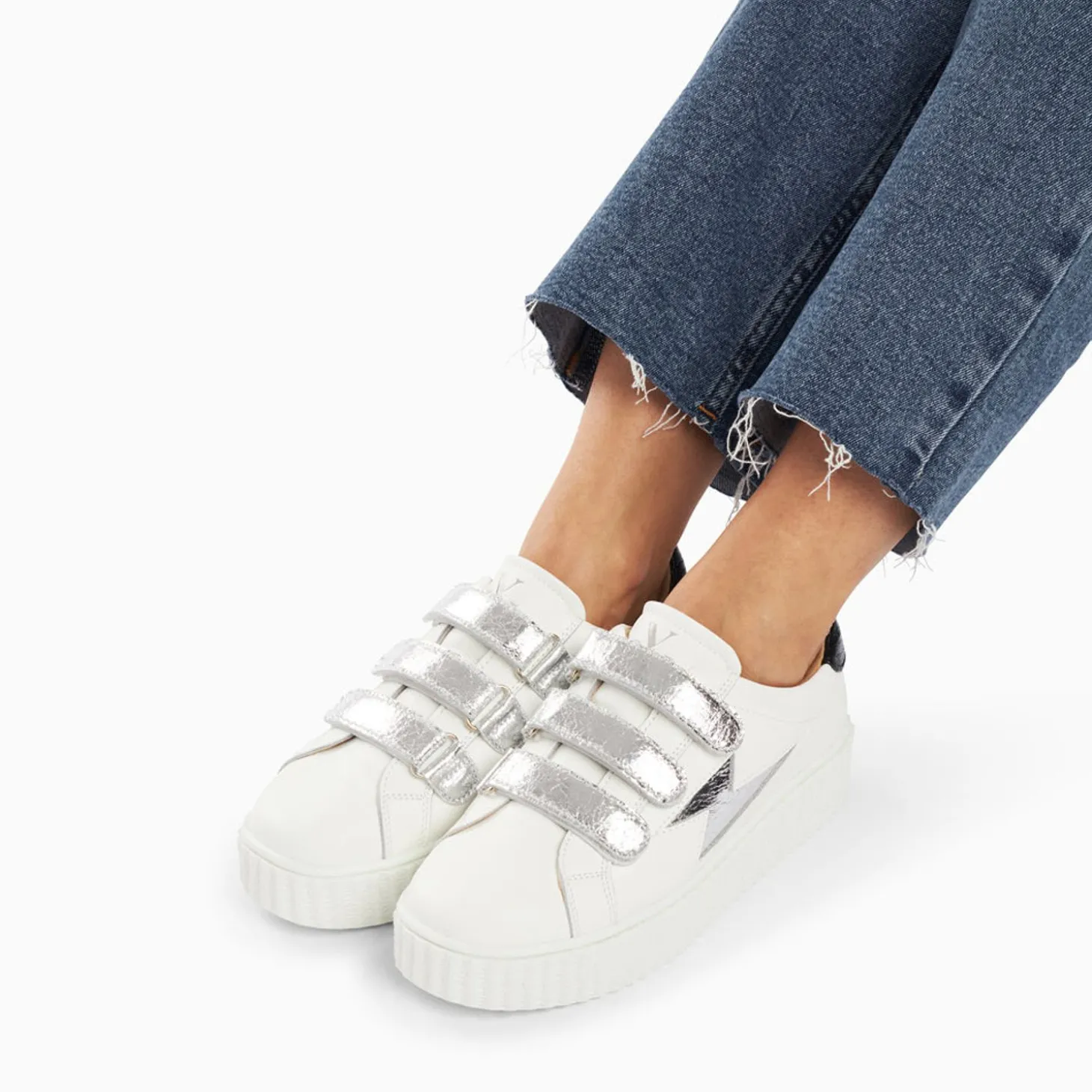 Baskets Eclair Jane Blanches En Cuir A Scratchs Argent