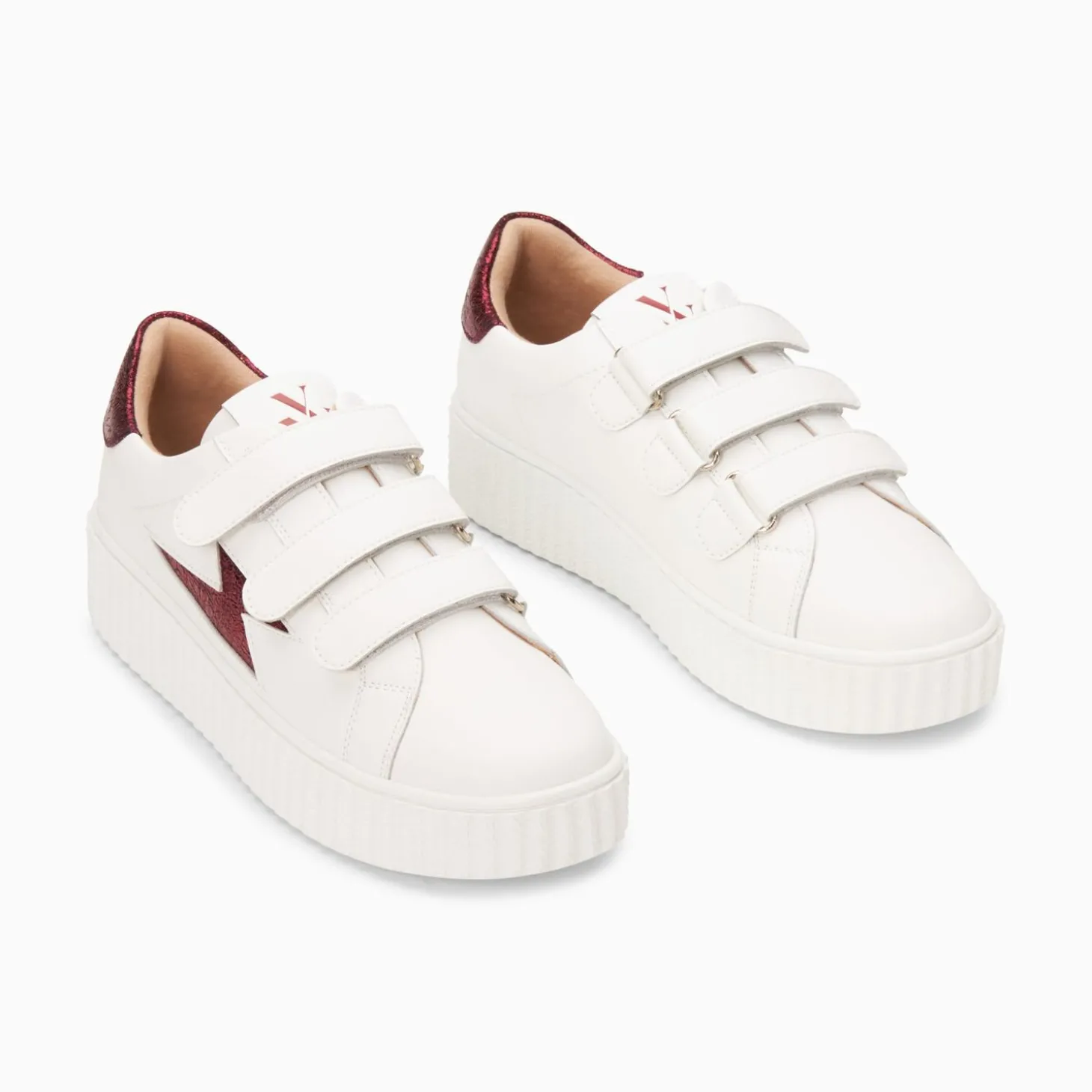Baskets Eclair Kim Blanc Et Bordeaux Metallise A Scratchs