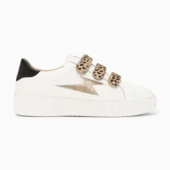 Baskets Eclair Maggie-Jane Blanc Et Or En Cuir A Scratchs Leopard