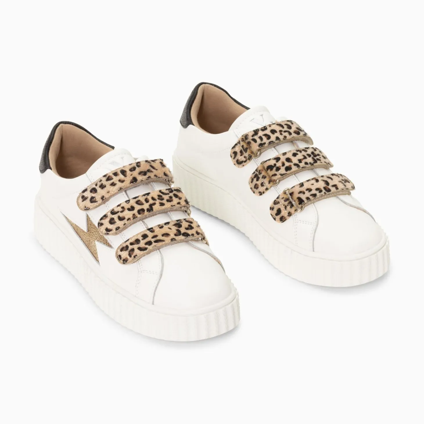 Baskets Eclair Maggie-Jane Blanc Et Or En Cuir A Scratchs Leopard