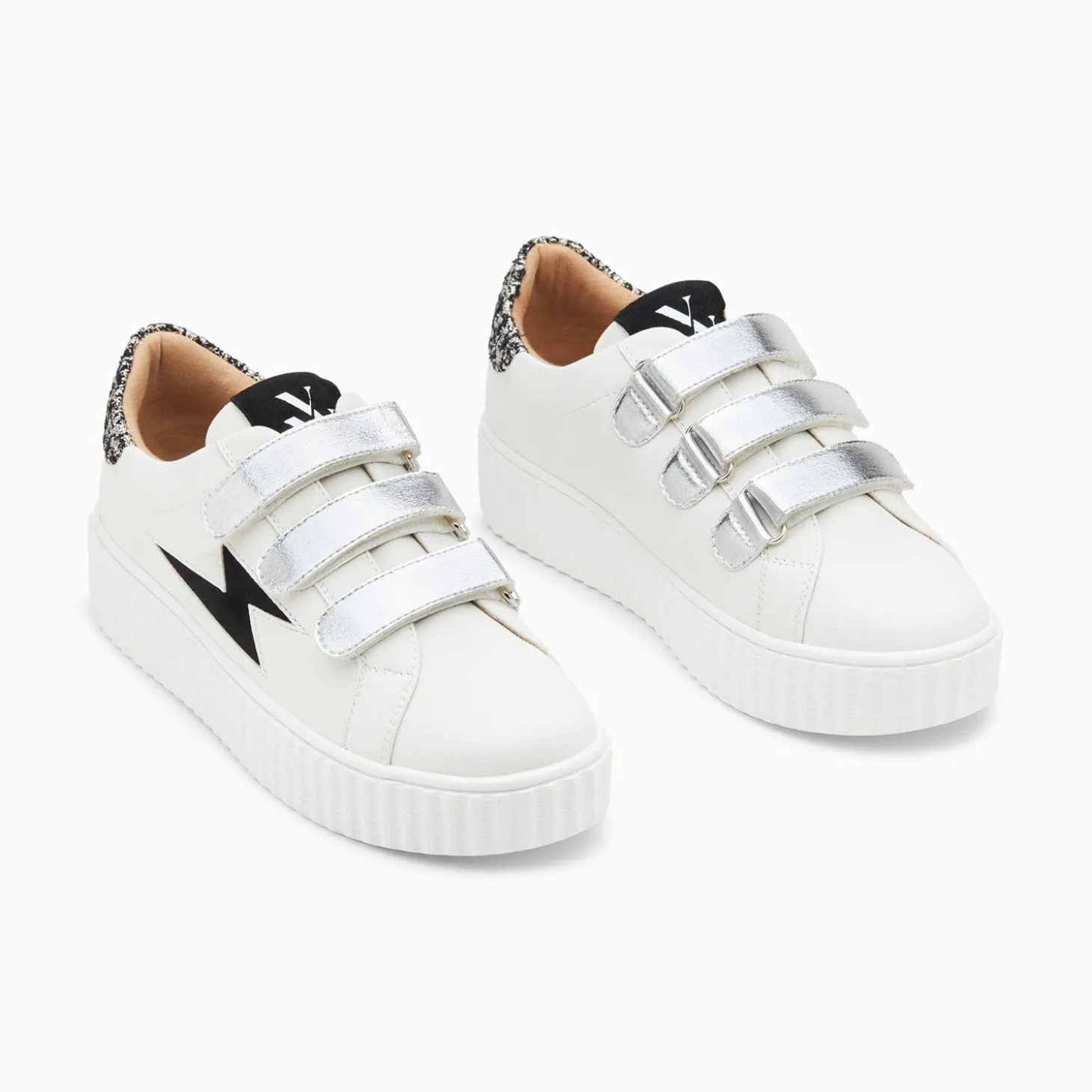 Baskets Eclair Pomeline Blanc Et Noir A Scratchs Argent