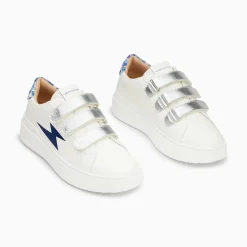 Baskets Eclair Salome Blanc Et Bleu A Scratchs Argent