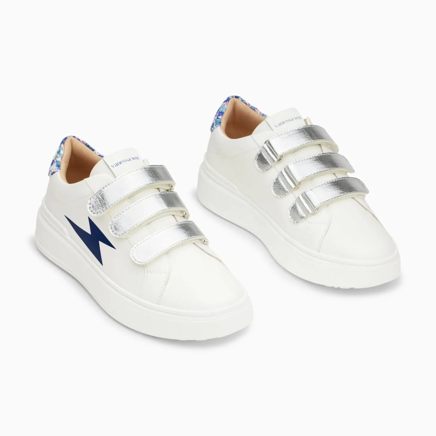 Baskets Eclair Salome Blanc Et Bleu A Scratchs Argent