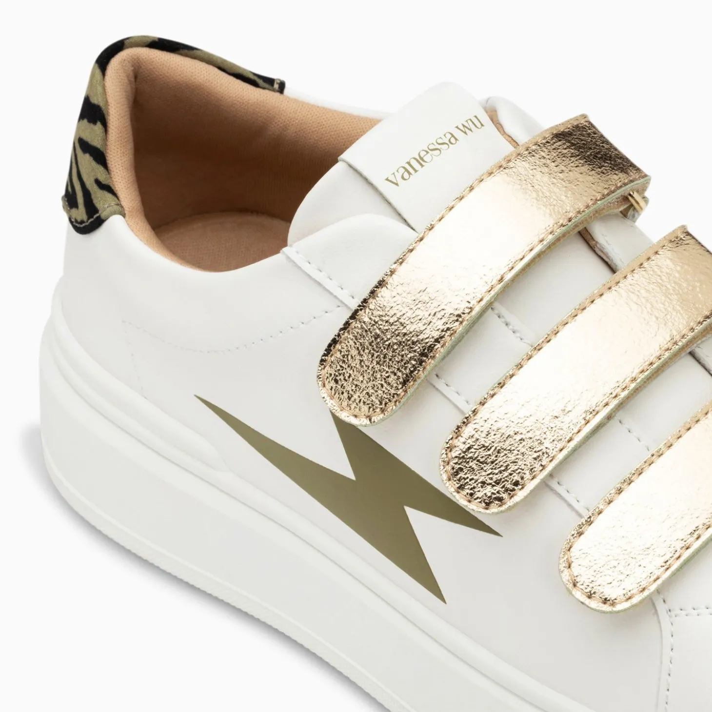 Baskets Eclair Salome Blanc Et Kaki A Scratchs Or
