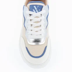 Baskets Enora En Toile Beige A Details Bleu Et Argent