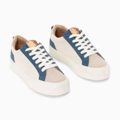 Baskets Fara Cotelees Beige Et Bleu A Lacets