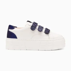 Baskets Monica Blanc Et Bleu Marine A Scratchs Glitter Et Plateforme