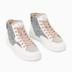 Baskets Montantes Gwen A Paillettes Argent Et Lacets Vieux Rose