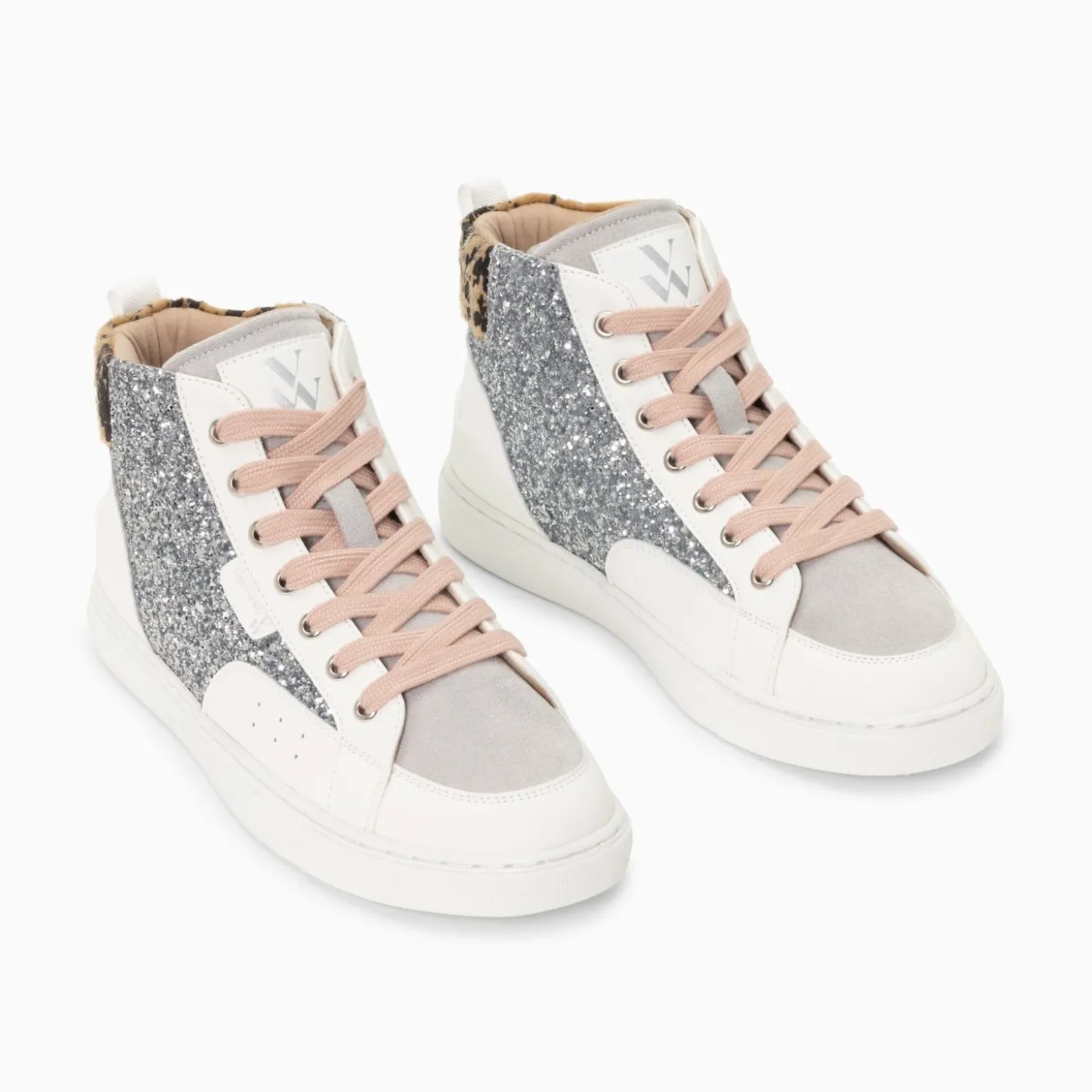 Baskets Montantes Gwen A Paillettes Argent Et Lacets Vieux Rose