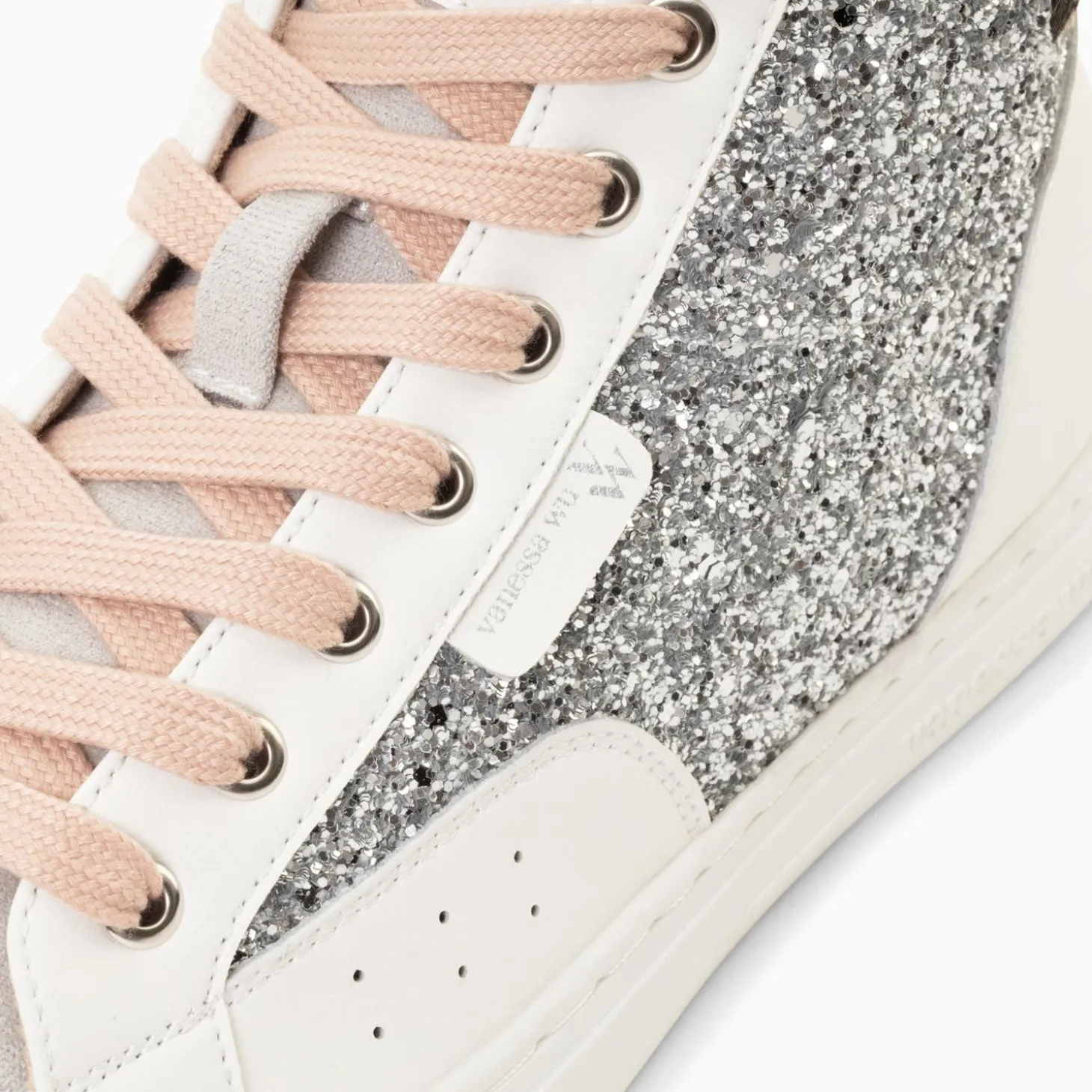 Baskets Montantes Gwen A Paillettes Argent Et Lacets Vieux Rose
