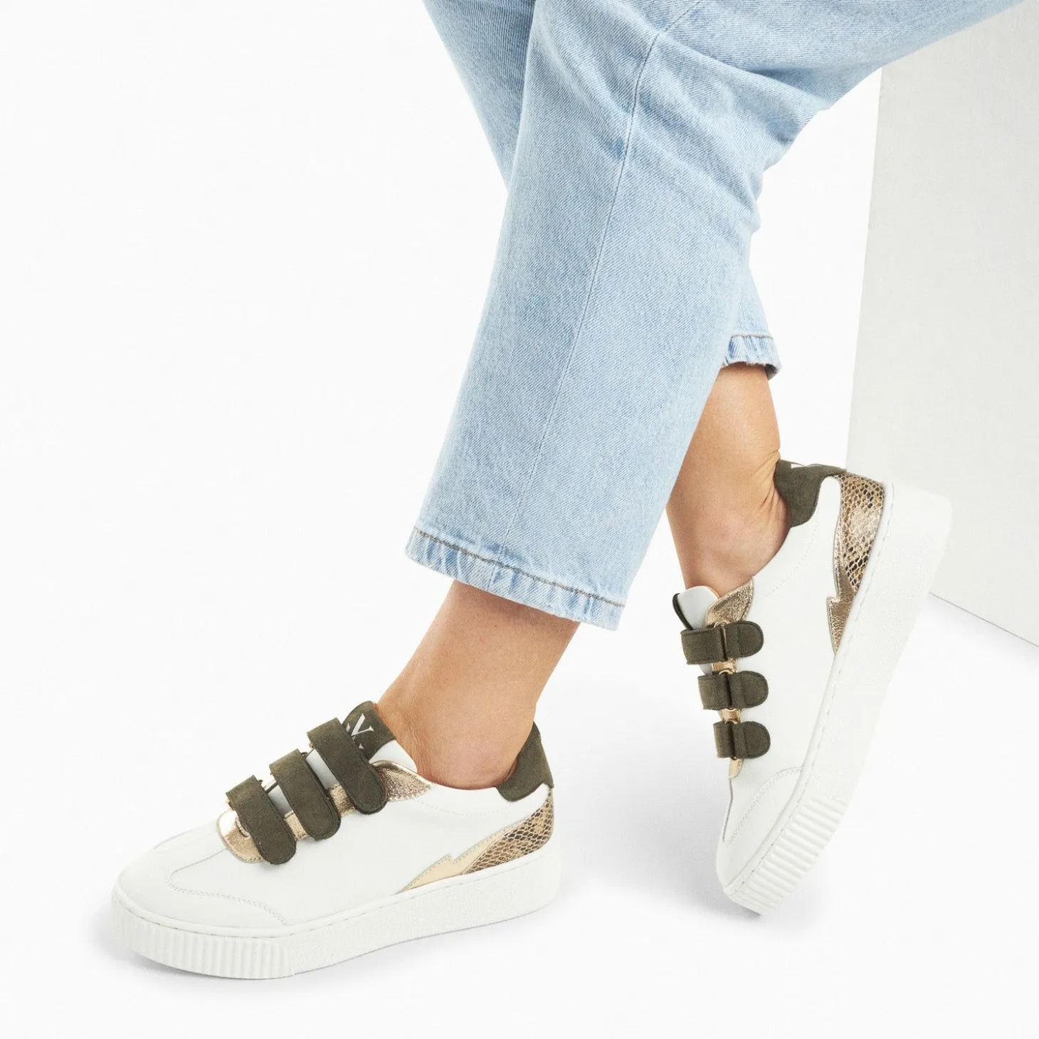 Baskets Nahia Blanc Et Or A Scratchs Kaki