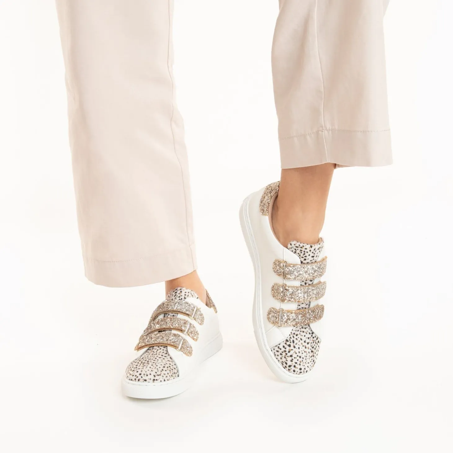 Baskets Nour Blanc Et Imprime Leopard A Scratchs Or