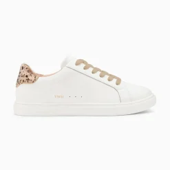 Baskets Steph Blanc Et Imprime Guepard A Lacets Beiges