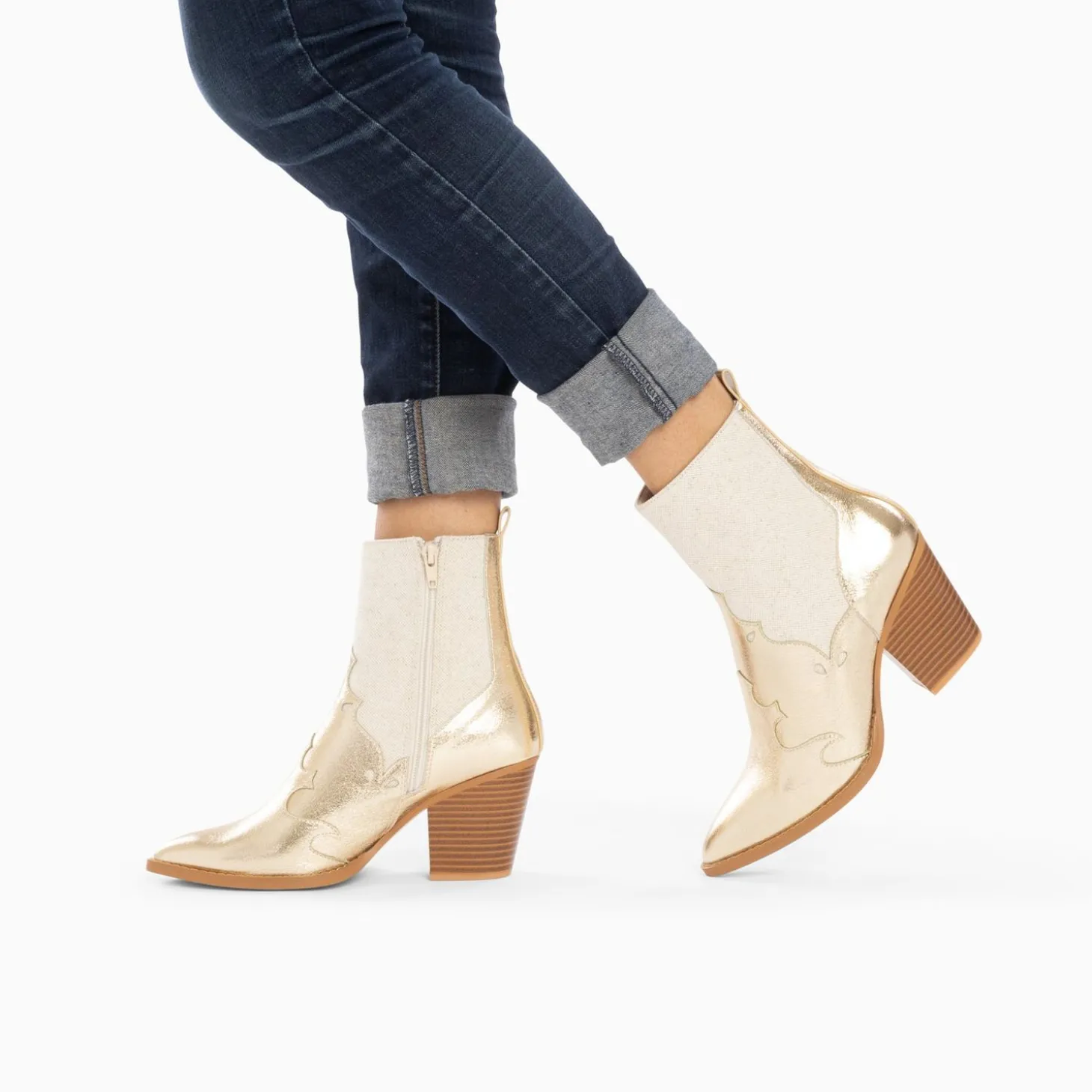 Bottines Santiags Kelsey Bi-Matiere Beige Et Or