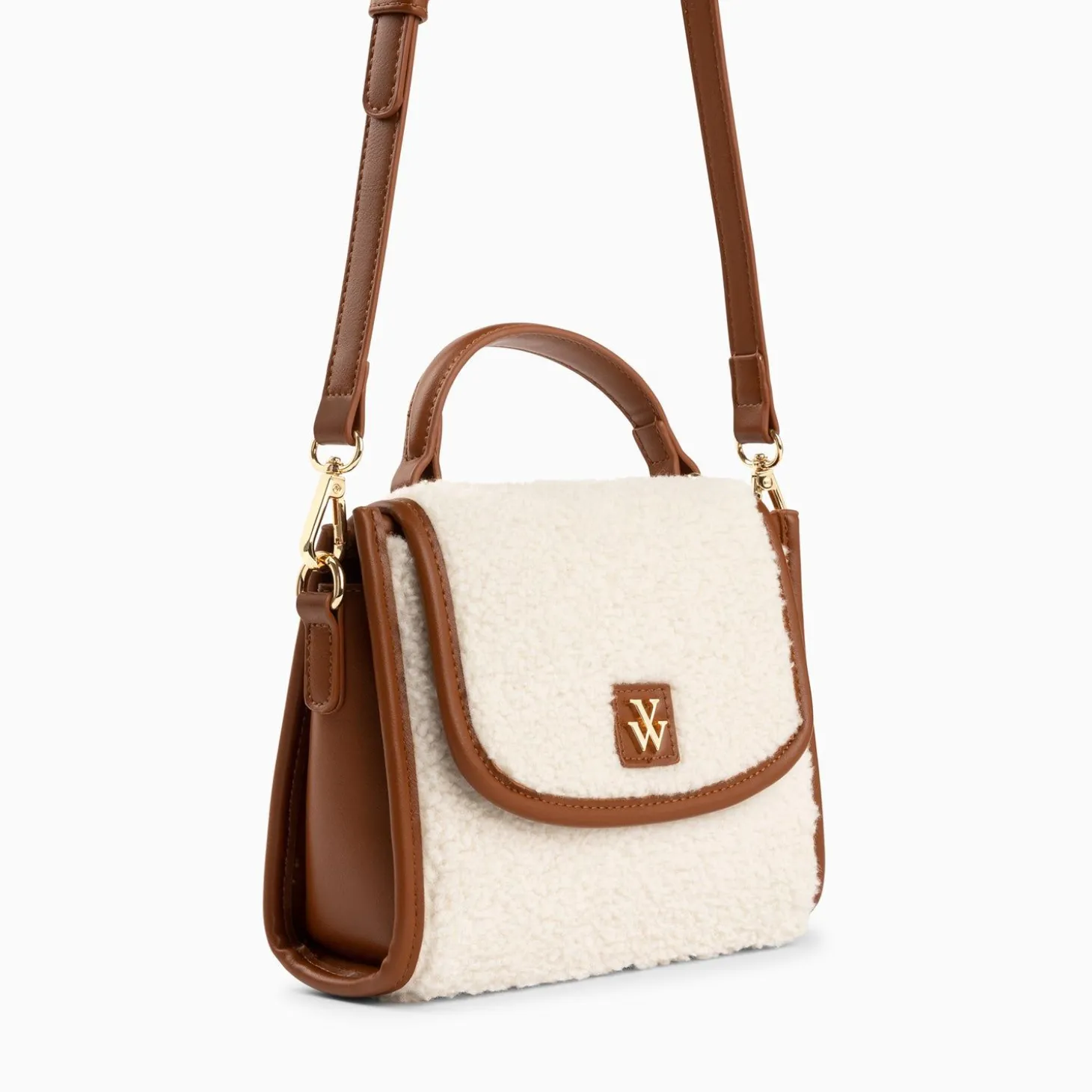 Mini Sac A Main Victoria Ivoire Et Camel En Faux Shearling
