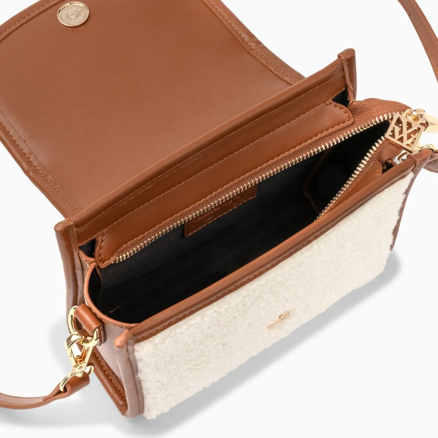 Mini Sac A Main Victoria Ivoire Et Camel En Faux Shearling