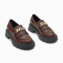 Mocassins Angele Marron A Chaine Or Et Semelle Crantee