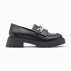 Mocassins Angele Noirs A Chaine Argent Et Semelle Crantee