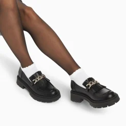 Mocassins Angele Noirs A Chaine Argent Et Semelle Crantee