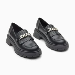 Mocassins Angele Noirs A Chaine Argent Et Semelle Crantee