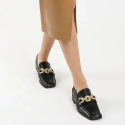 Mocassins Denise Noirs A Chaine Or Multi-Maillons