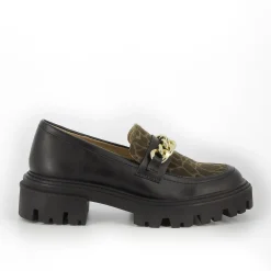 Mocassins Simone Noir Et Kaki A Semelle Crantee