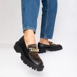 Mocassins Simone Noir Et Kaki A Semelle Crantee