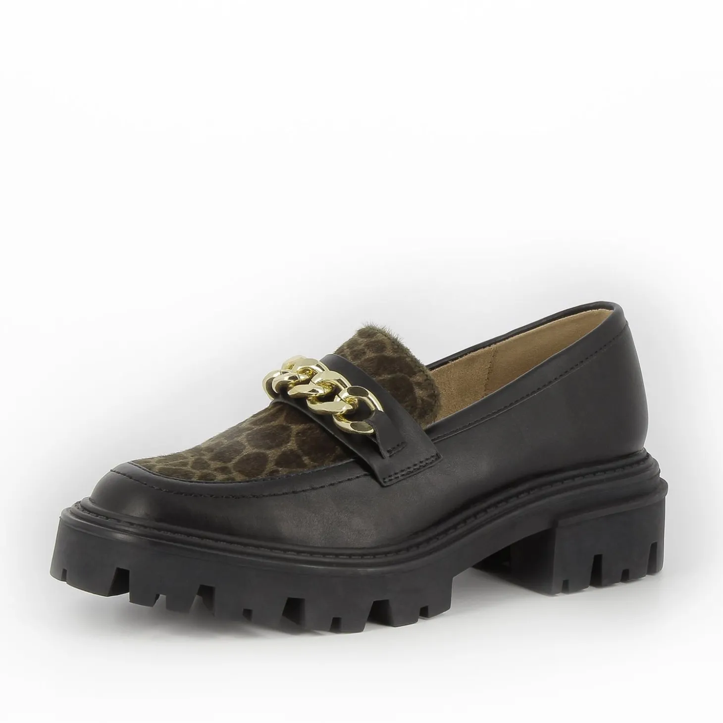 Mocassins Simone Noir Et Kaki A Semelle Crantee