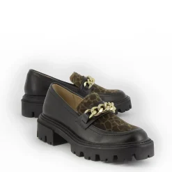 Mocassins Simone Noir Et Kaki A Semelle Crantee