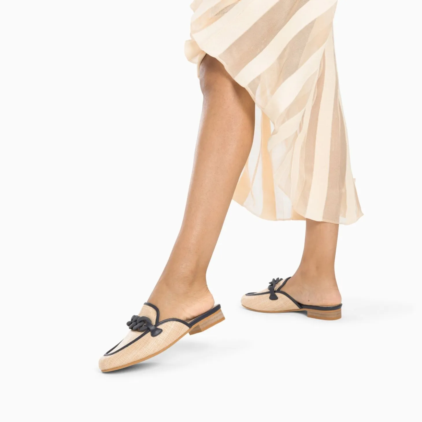 Mules Emna Beige Et Bleu Marine A Chaine Mate