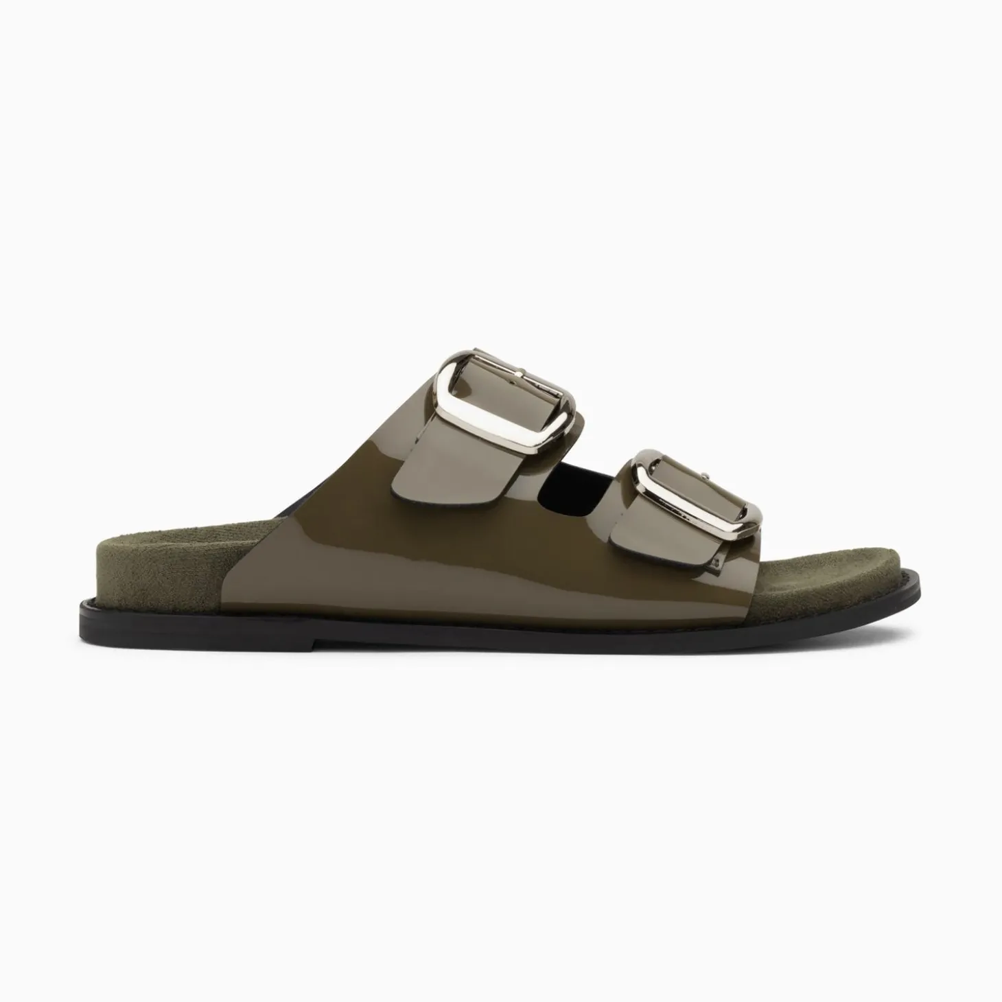 Mules Plates Celia Kaki Verni A Boucles Oversize