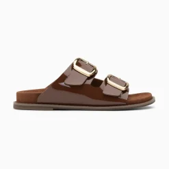 Mules Plates Celia Marron Verni A Boucles Oversize