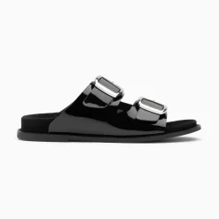 Mules Plates Celia Noir Verni A Boucles Oversize
