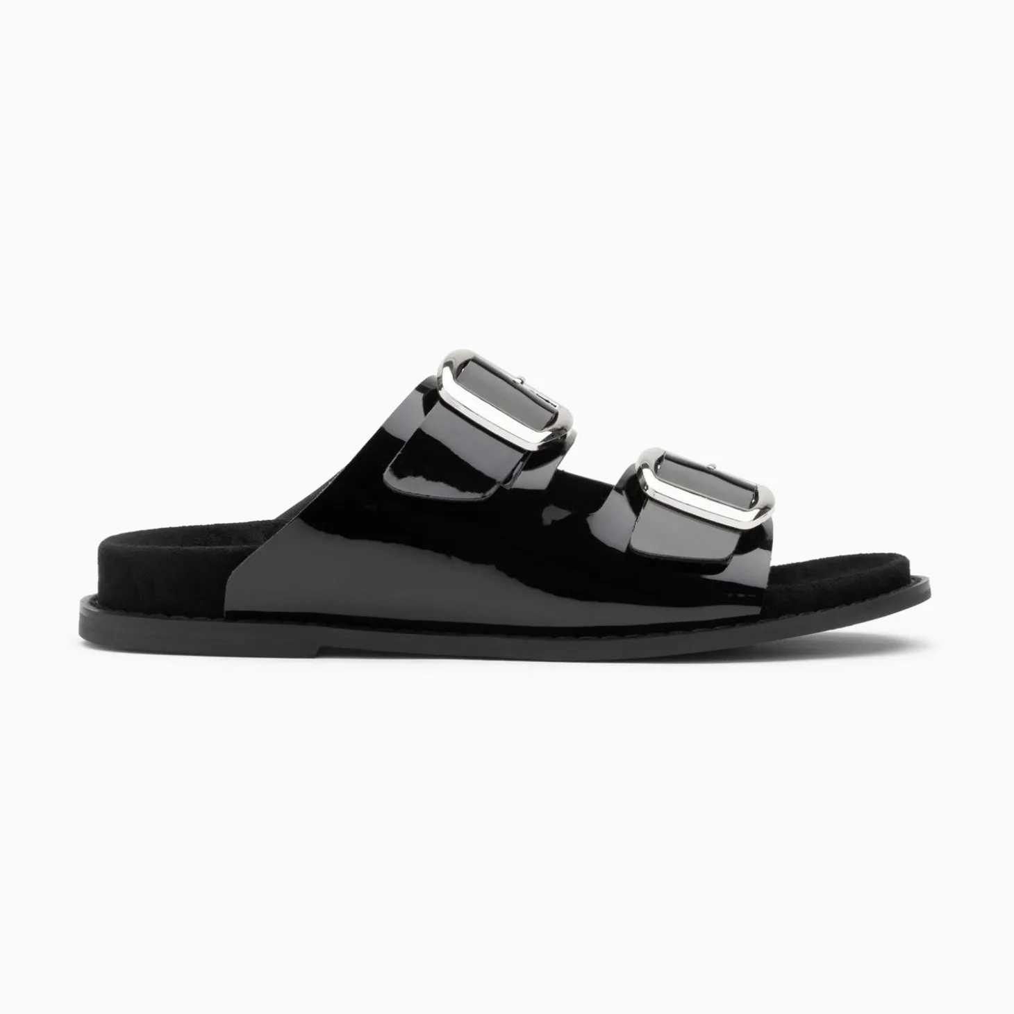 Mules Plates Celia Noir Verni A Boucles Oversize