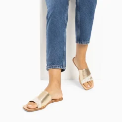 Mules Plates Soeacik Bi-Matiere Or Et Beige