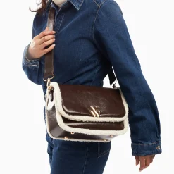 Sac Bandouliere Bertina Marron A Rabat Et Faux Shearling