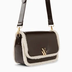 Sac Bandouliere Bertina Marron A Rabat Et Faux Shearling
