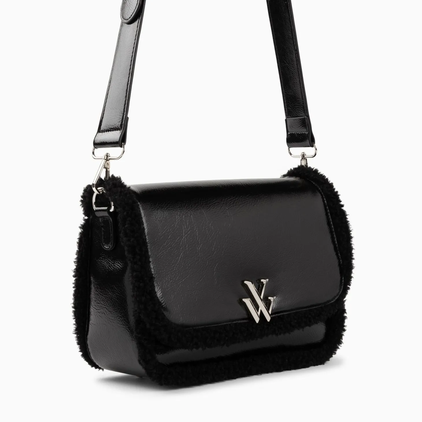 Sac Bandouliere Bertina Noir A Rabat Et Faux Shearling
