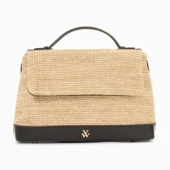 Sac Cartable Katie En Raphia Beige A Details Noirs
