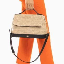 Sac Cartable Katie En Raphia Beige A Details Noirs